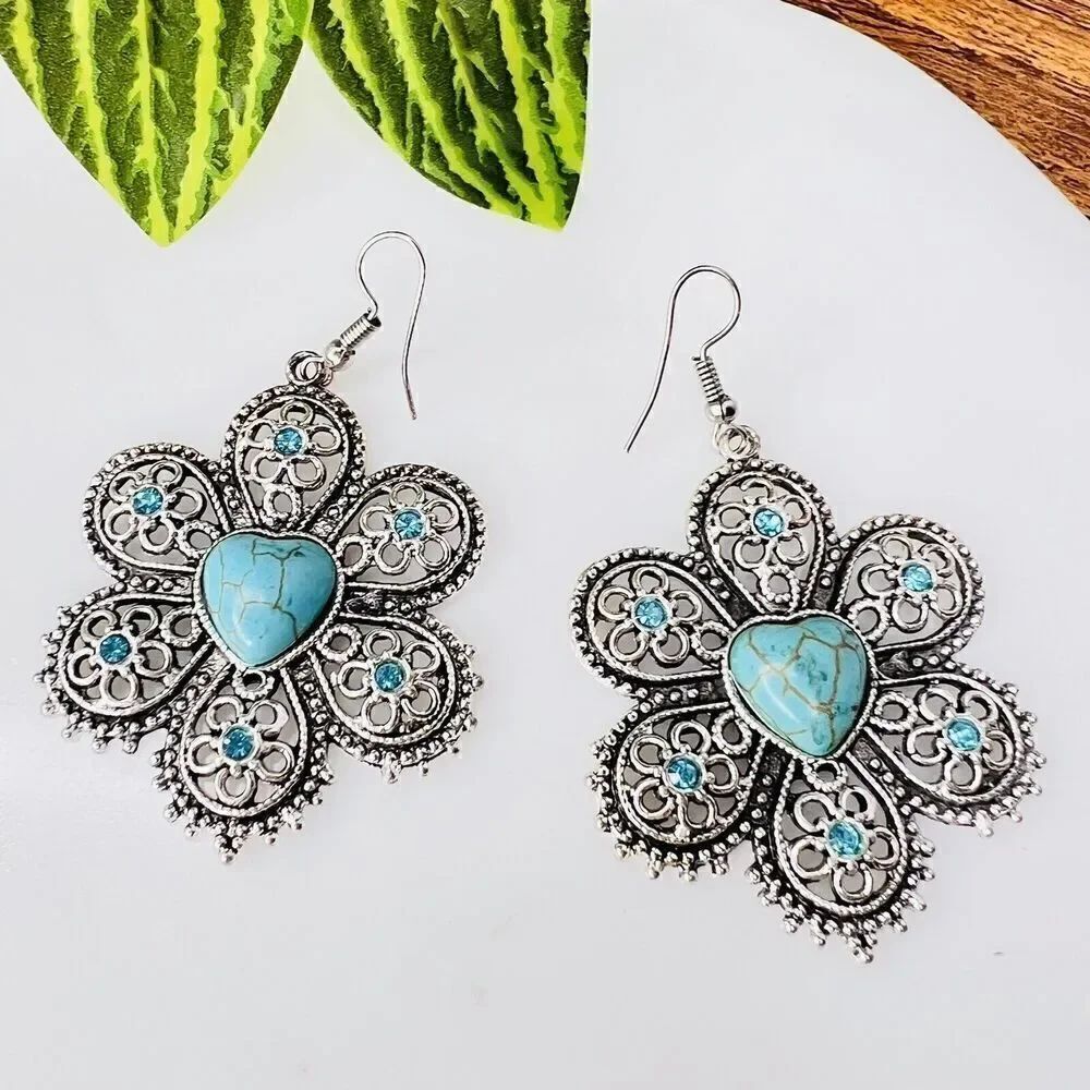 Teal Blue Faux Turquoise Heart Rhinestone Silver Tine Flower Dangle Earrings